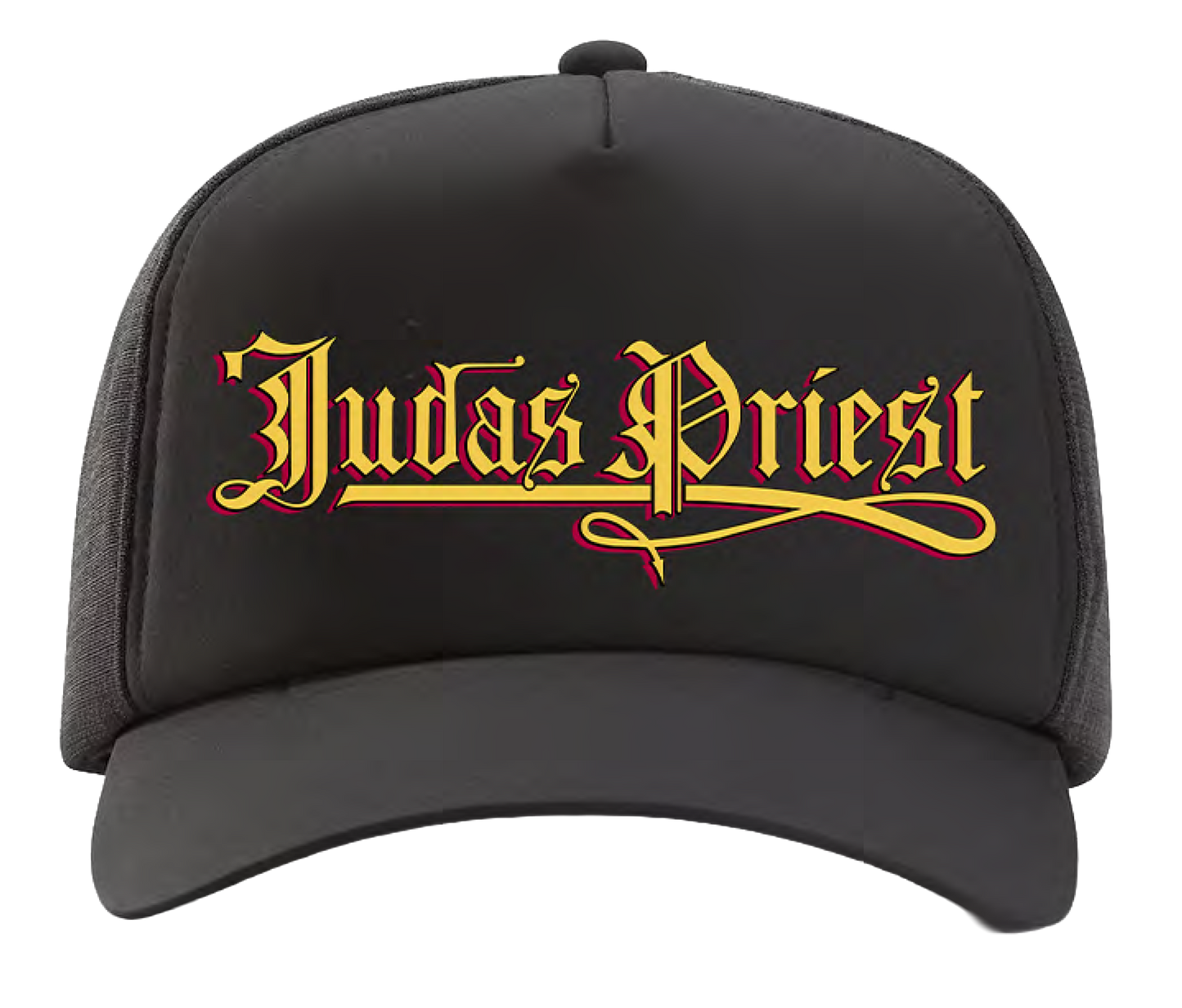 A classic black foam trucker hat with Judas Priest logo across the front. 