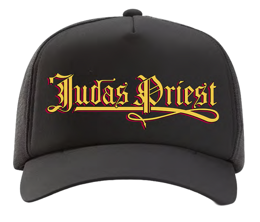 A classic black foam trucker hat with Judas Priest logo across the front. 