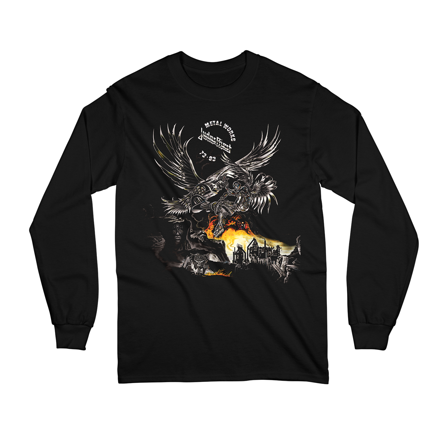 Black Judas Priest long sleeve tee with Metalworks artwork on the front.