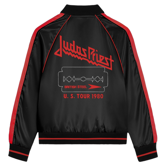 This is the back of the Judas Priest black and red bomber jacket featuring artwork inspired by the 1980 tour and British Steel imagery which is printed on the back. The jacket also includes red stripes running from the shoulders down the sleeves, along with a red stripe on each cuff.
