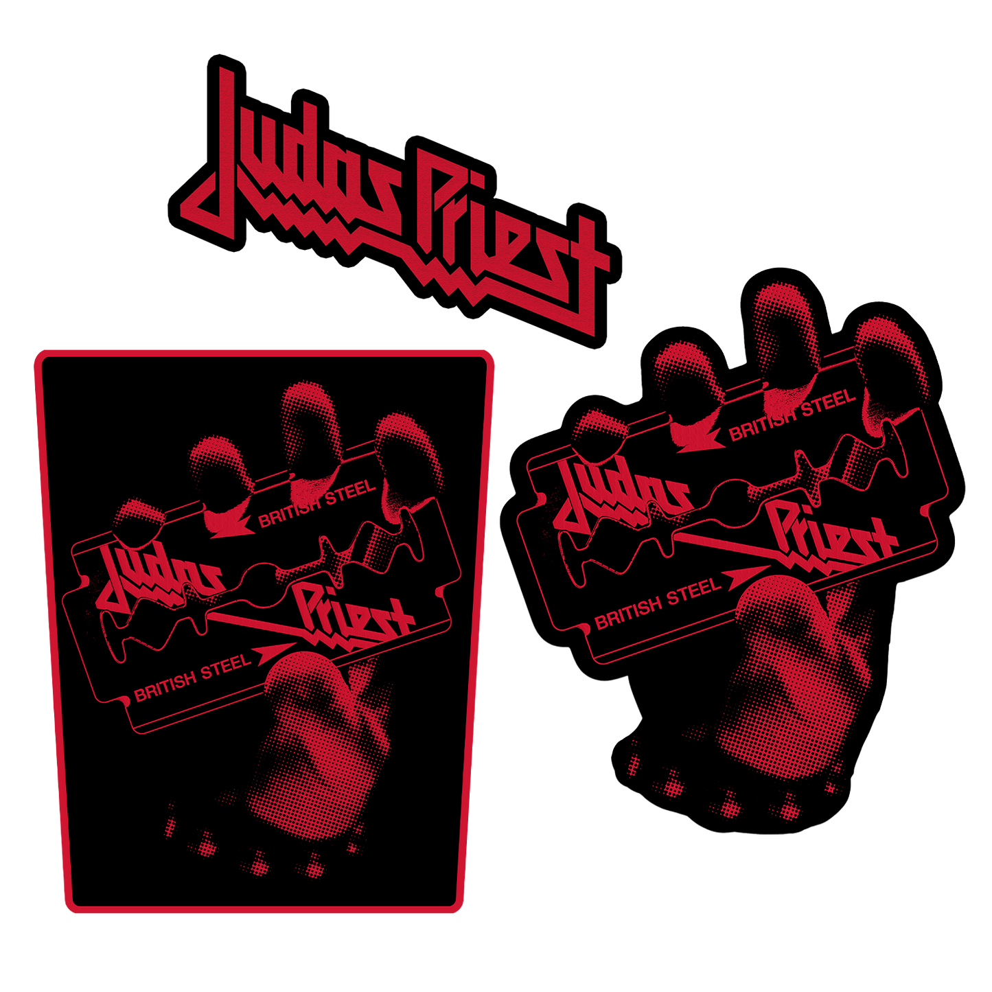 The Judas Priest patch set contains 3 embroidered patches with British Steel graphics. This set includes the signature Judas Priest logo and the legendary hand gripping the razor blade. 