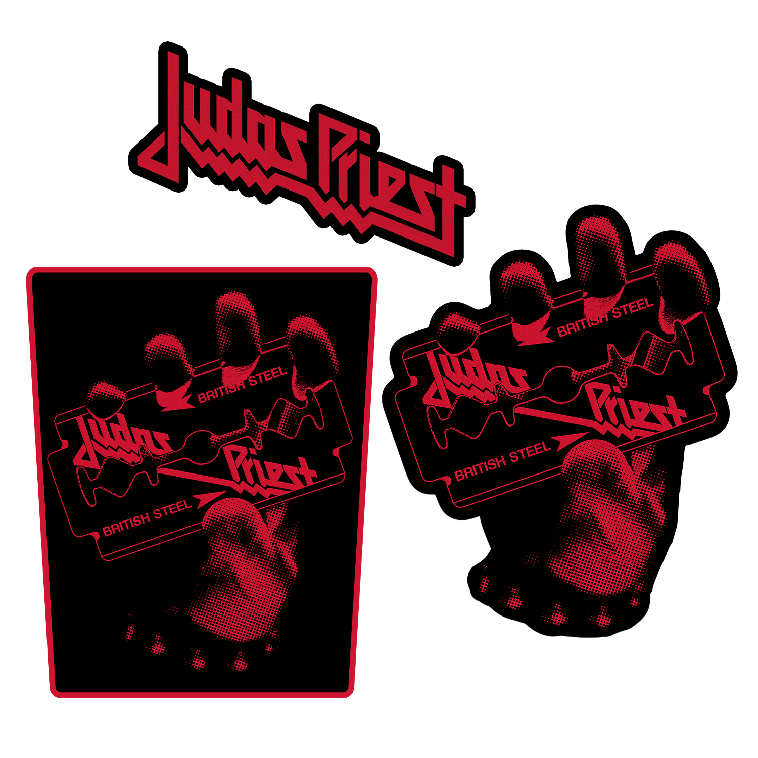 The Judas Priest patch set contains 3 embroidered patches with British Steel graphics. This set includes the signature Judas Priest logo and the legendary hand gripping the razor blade. 