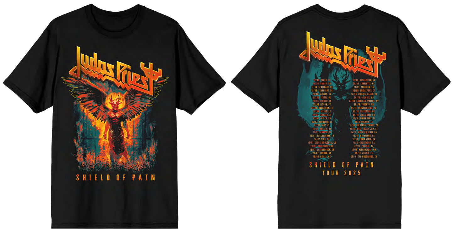 Two black t-shirts with Judas Priest graphic designs on a white background