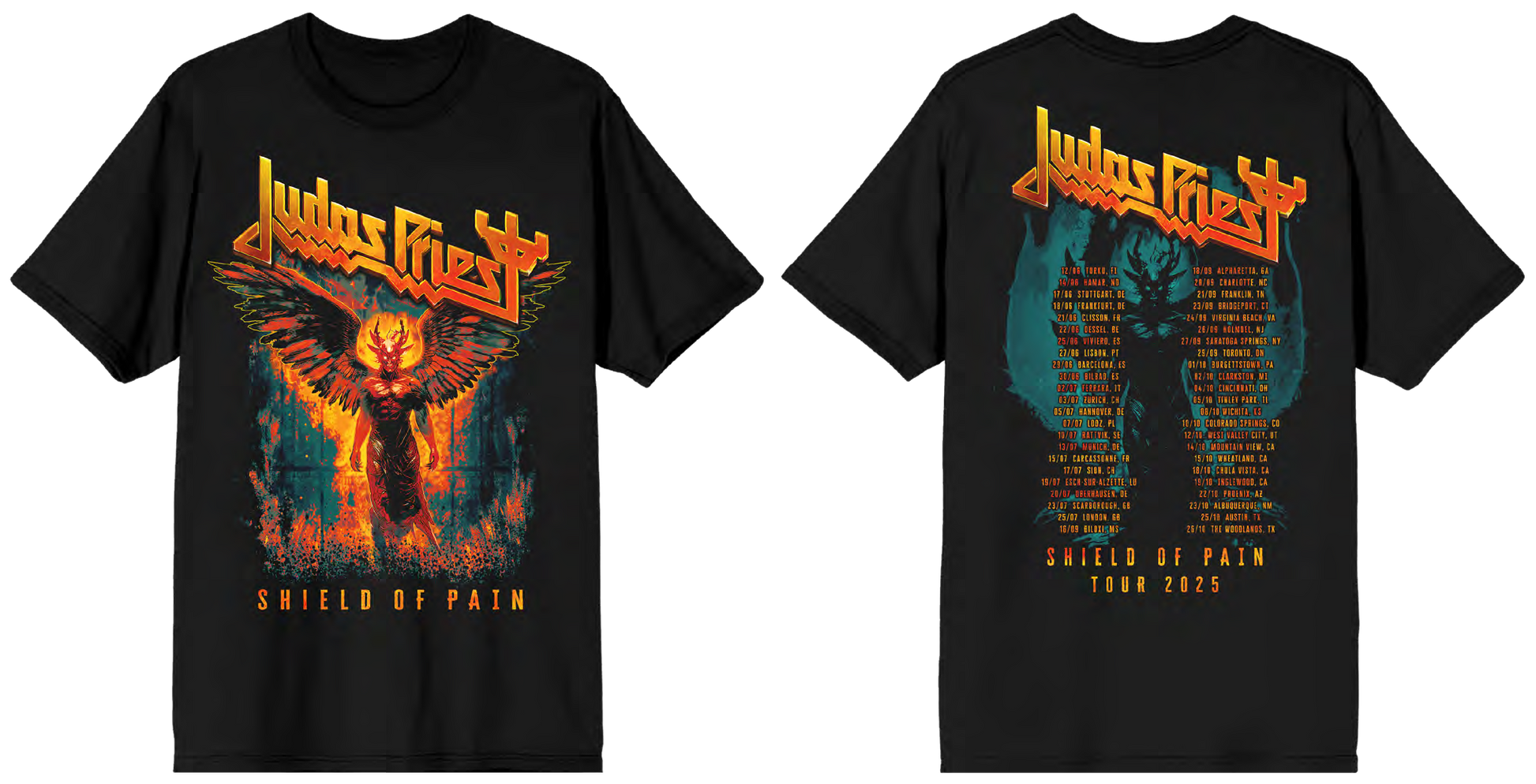 Two black t-shirts with Judas Priest graphic designs on a white background