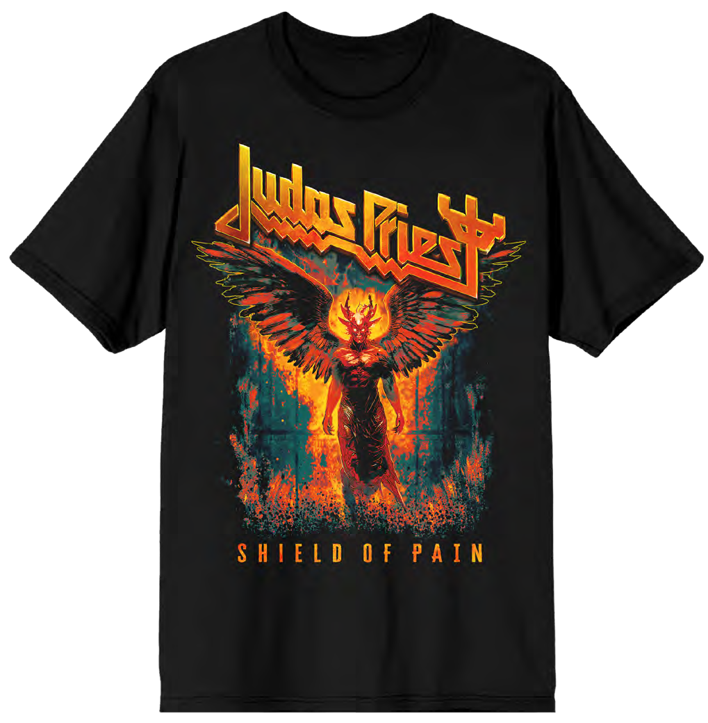 Black t-shirt with 'Judas Priest' logo and fiery design on a white background