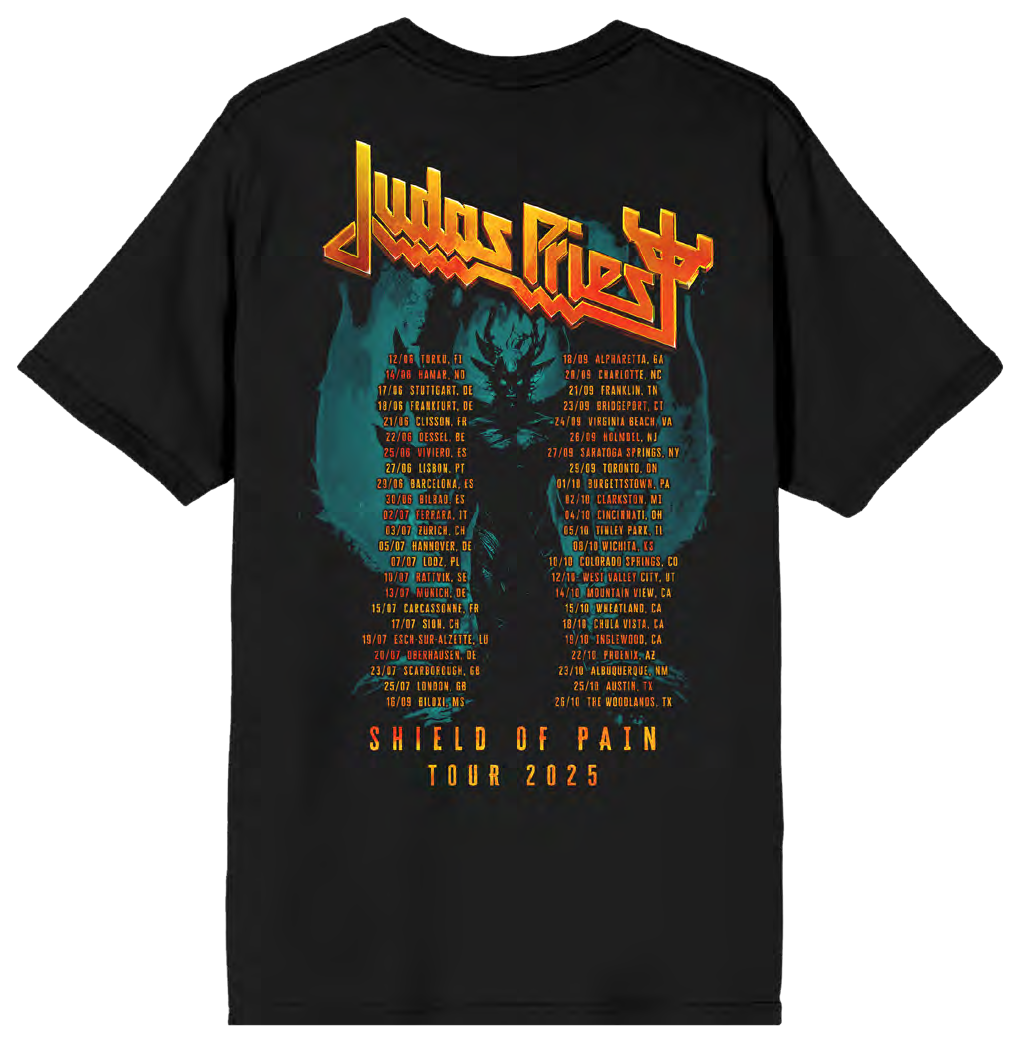 Black t-shirt with 'Judas Priest' logo and tour information printed on the back.