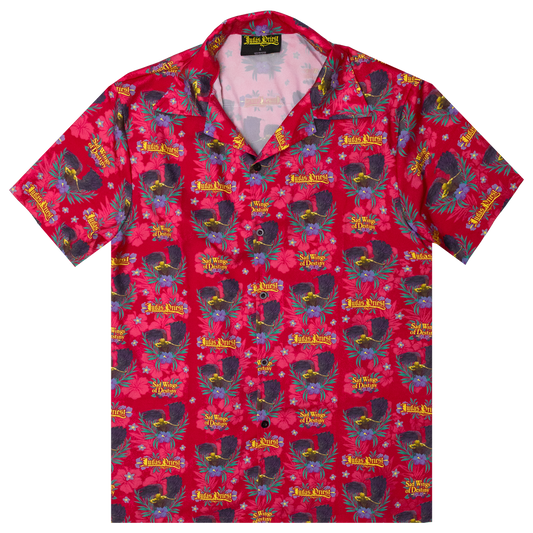A red Hawaiian print shirt in the style of the Sad Wings of Destiny album, from Judas Priest. With short sleeves, a camp collar neckline, and a button front.  