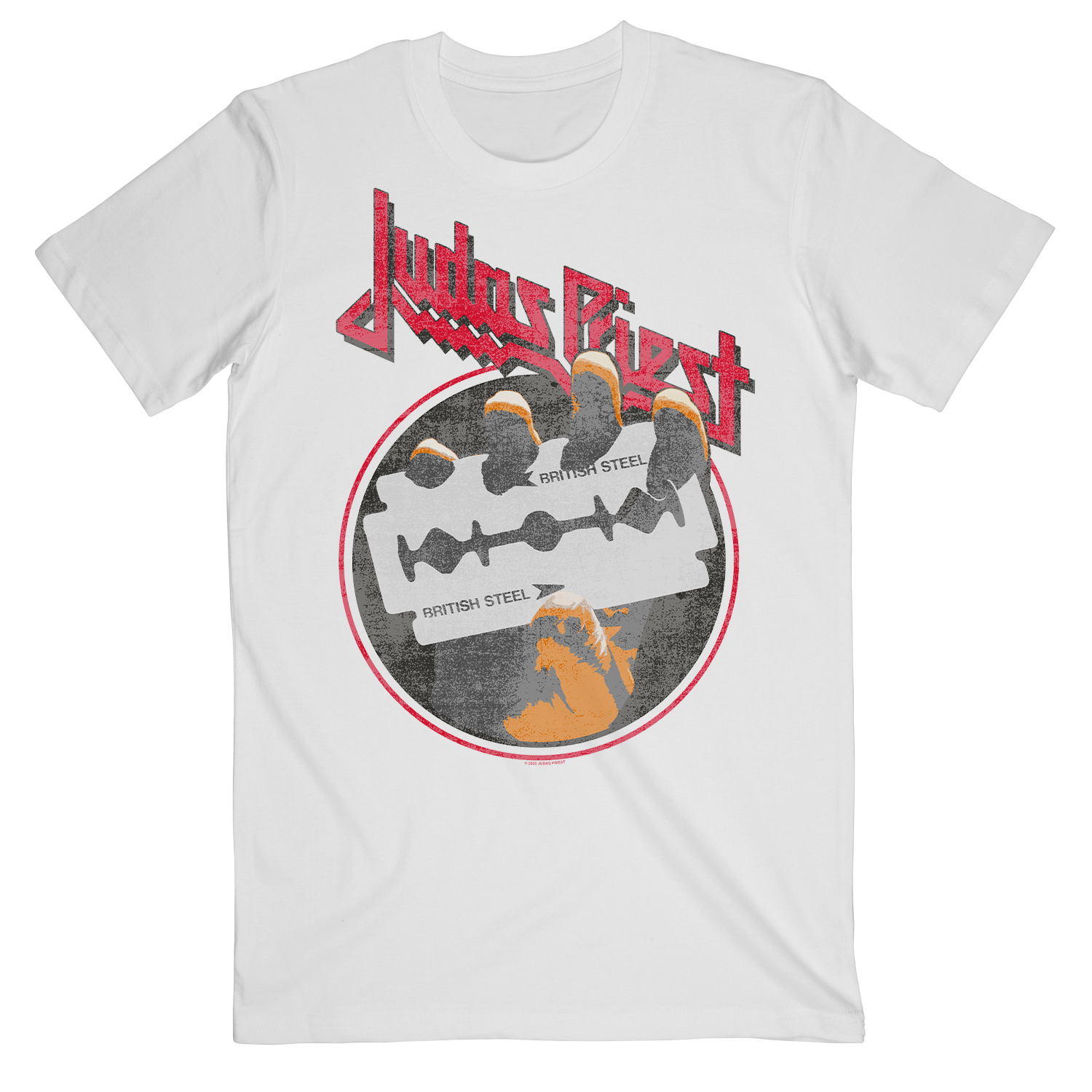 The Judas Priest Track List White T Shirt features a red Judas Priest logo and British Steel Album artwork printed on the front.