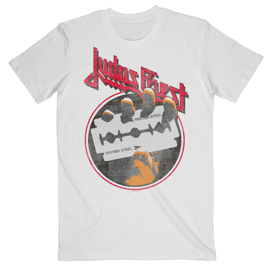 The Judas Priest Track List White T Shirt features a red Judas Priest logo and British Steel Album artwork printed on the front.