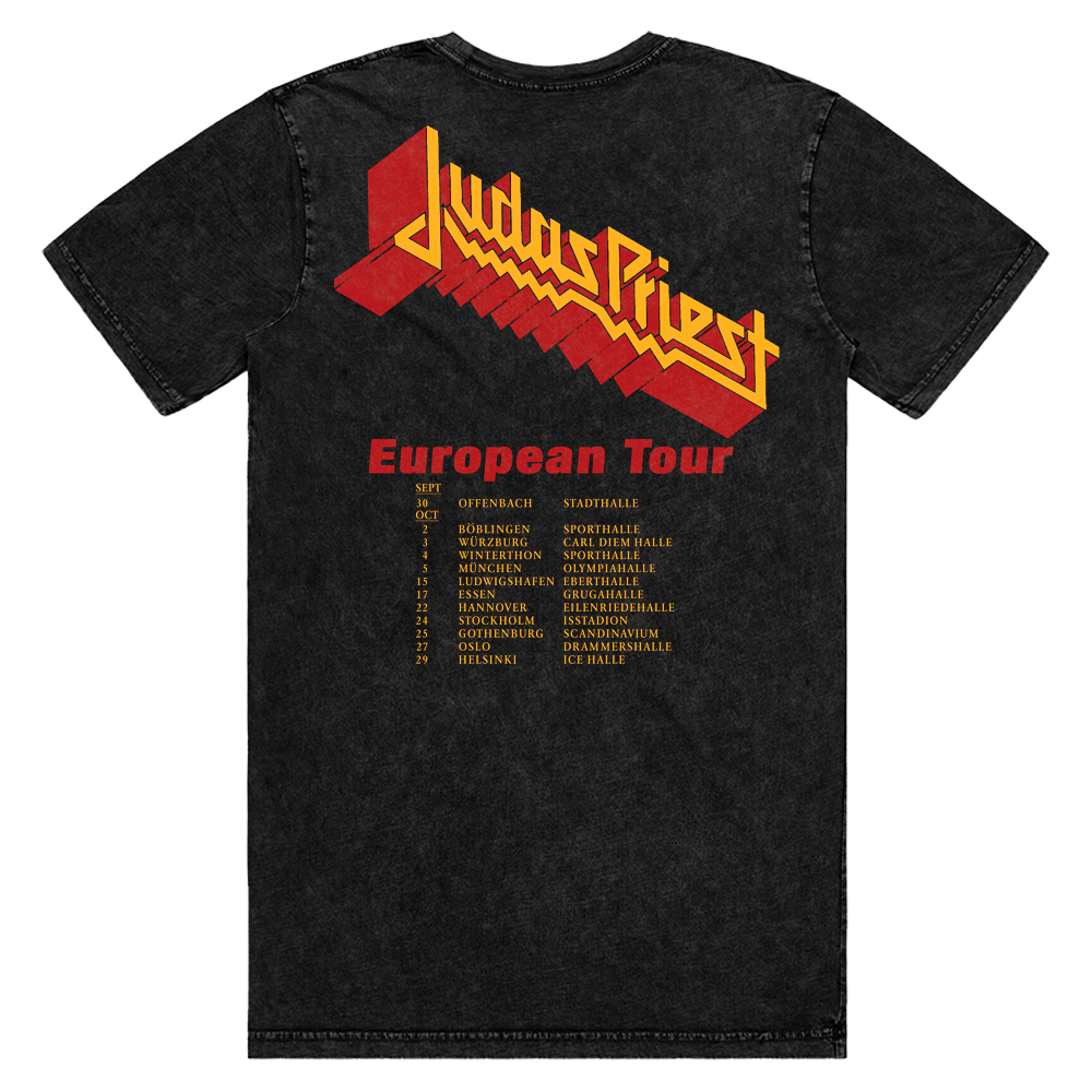 A classic washed black cotton tee with the original Turbo album artwork on the front and 1986 European tour dates on the back, from Judas Priest.