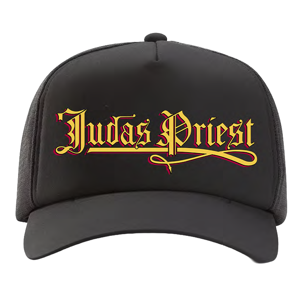 A classic black foam trucker hat with Judas Priest logo across the front. 