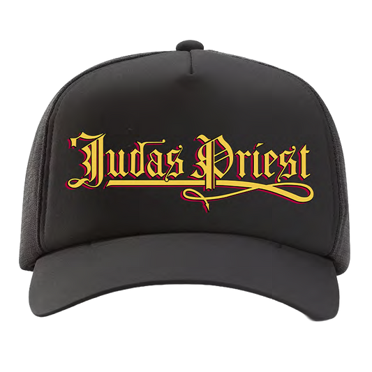 A classic black foam trucker hat with Judas Priest logo across the front. 
