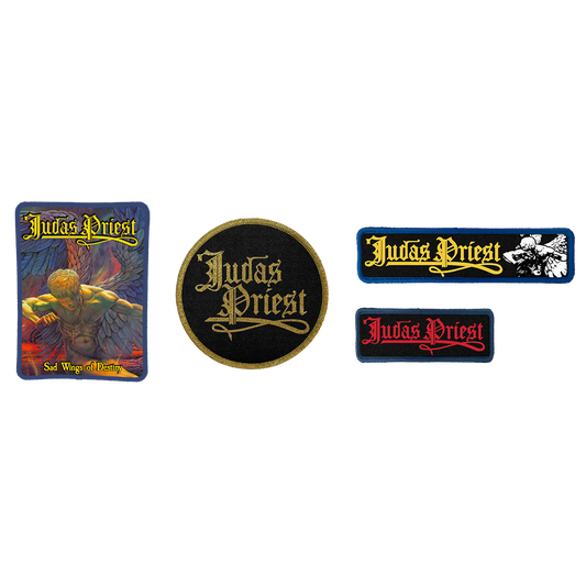 A set of four Judas Priest patches with artwork from the Sad Wings of Destiny album.