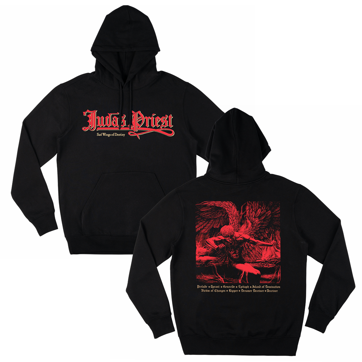 A classic black pullover hoodie from Judas Priest, featuring artwork from the original Sad Wings of Destiny album on the back and the Judas Priest logo on the front. 