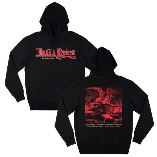 A classic black pullover hoodie from Judas Priest, featuring artwork from the original Sad Wings of Destiny album on the back and the Judas Priest logo on the front. 
