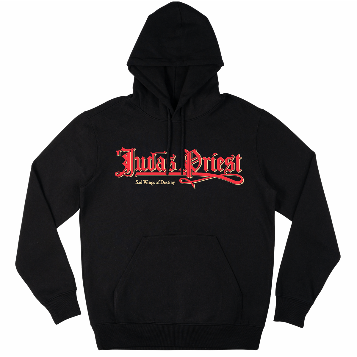 A classic black pullover hoodie from Judas Priest, featuring artwork from the original Sad Wings of Destiny album on the back and the Judas Priest logo on the front. 