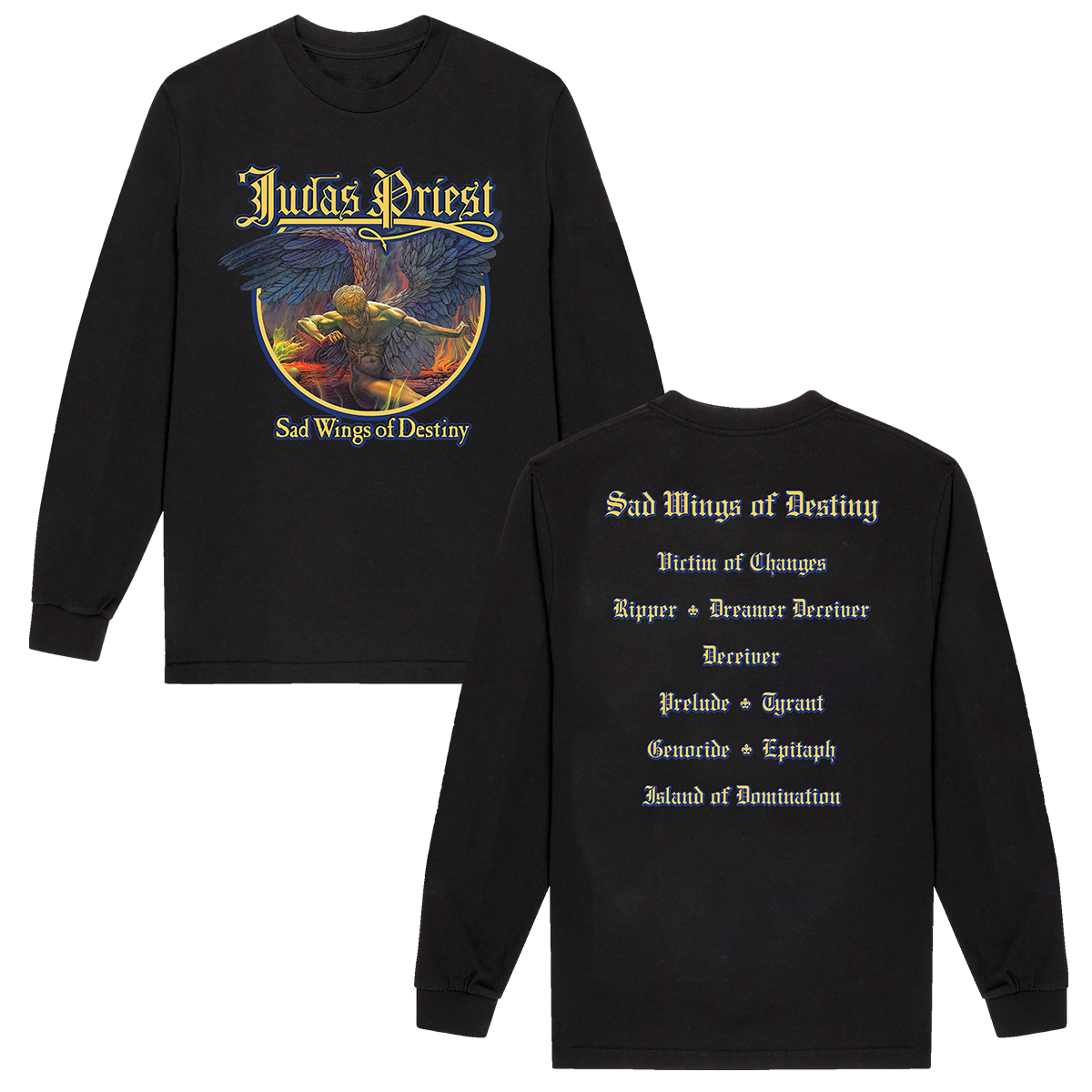 A black cotton long sleeve tee from Judas Priest, with custom artwork from their Sad Wings of Destiny album. 