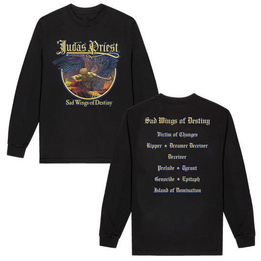 A black cotton long sleeve tee from Judas Priest, with custom artwork from their Sad Wings of Destiny album. 