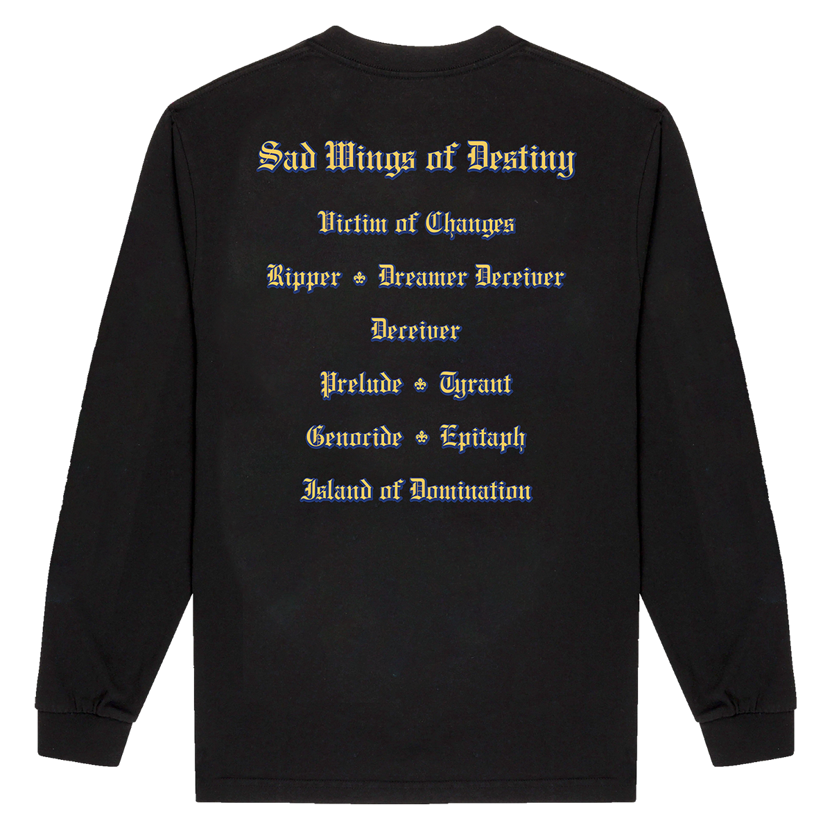 A black cotton long sleeve tee from Judas Priest, with custom artwork from their Sad Wings of Destiny album. 