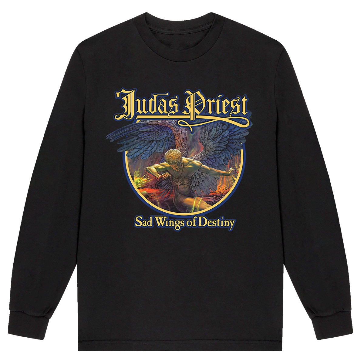 A black cotton long sleeve tee from Judas Priest, with custom artwork from their Sad Wings of Destiny album. 