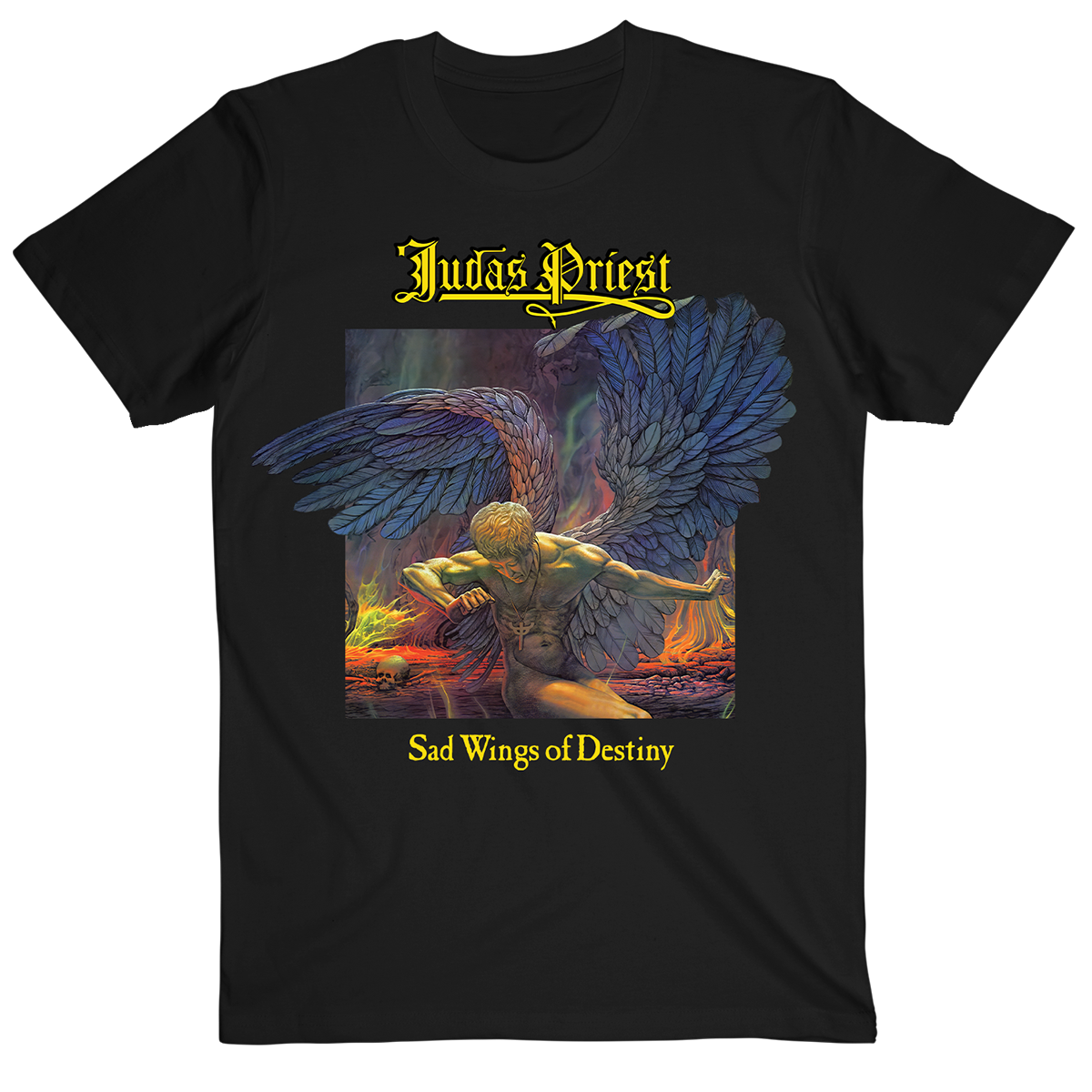 A classic black cotton tee from Judas Priest, with artwork from the original Sad Wings of Destiny album on the front. 