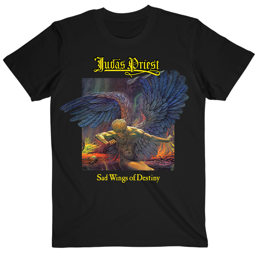 A classic black cotton tee from Judas Priest, with artwork from the original Sad Wings of Destiny album on the front. 