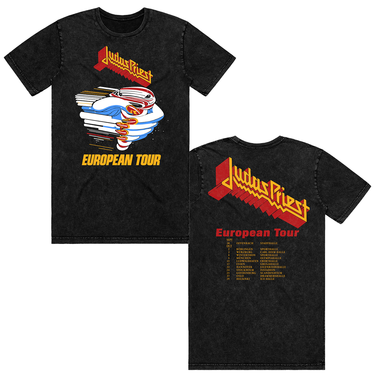 A classic washed black cotton tee with the original Turbo album artwork on the front and 1986 European tour dates on the back, from Judas Priest.