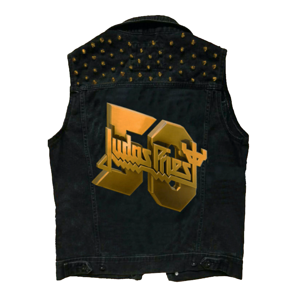 The fifty years battle jacket by Judas Priest. A sleeveless black jean jacket vest with band logo and gold studs.