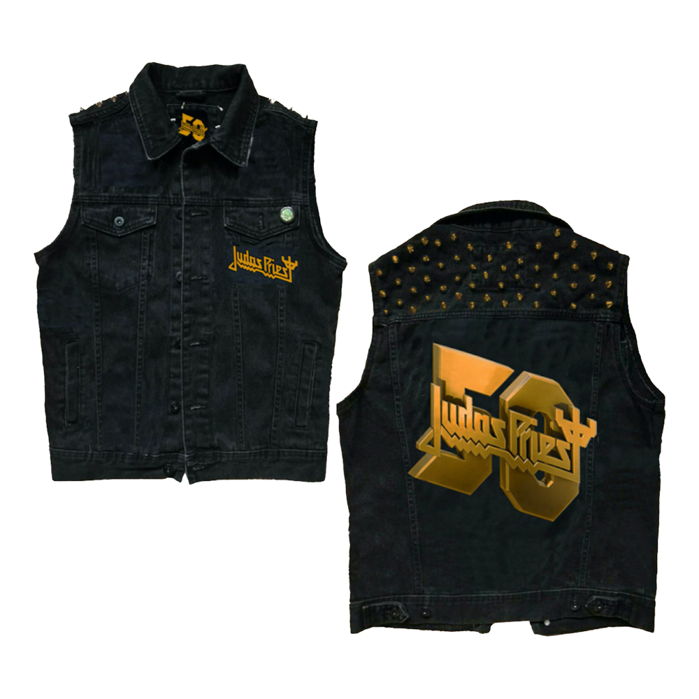 The fifty years battle jacket by Judas Priest. A sleeveless black jean jacket vest with band logo and gold studs.