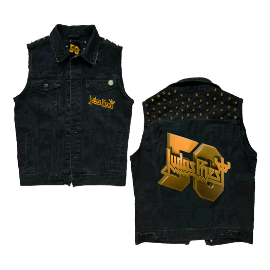 The fifty years battle jacket by Judas Priest. A sleeveless black jean jacket vest with band logo and gold studs.