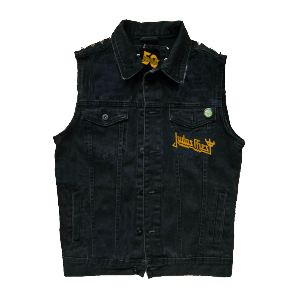 The fifty years battle jacket by Judas Priest. A sleeveless black jean jacket vest with band logo and gold studs.